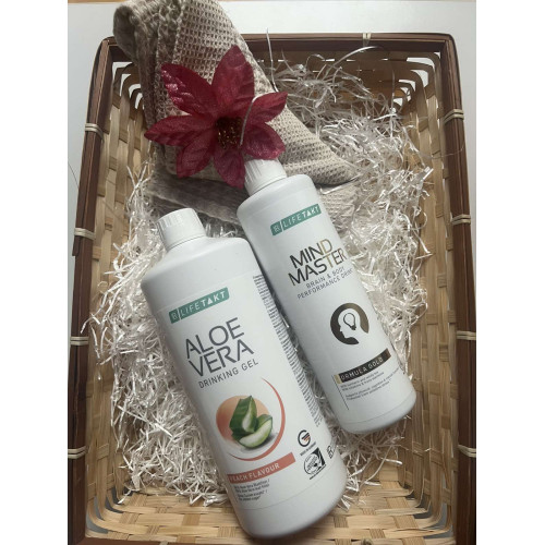 Празнична кутия Здраве-Алое вера гел с праскова и за диабетици, Минд Мастър с куркума, кухненска кърпа 100% чист лен