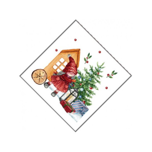 Коледна салфетка с Коледен елф около елхата