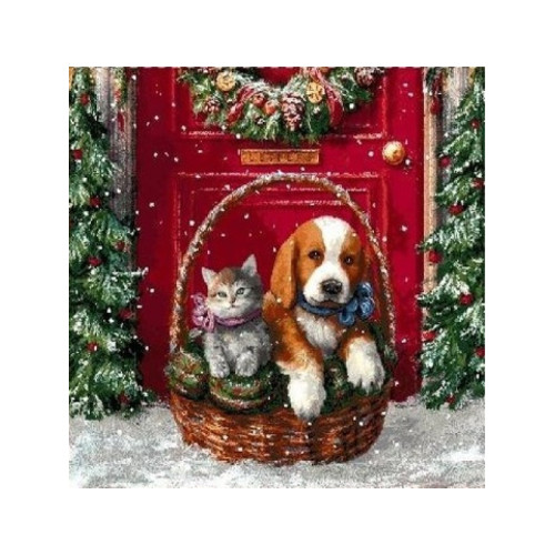 Коледна калъфка - Кученце и Коте в кошница Коледна калъфка - Кученце и Коте в кошница