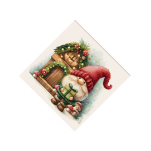Коледна салфетка с Коледен елф пред къщичка