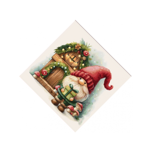 Коледна салфетка с Коледен елф пред къщичка